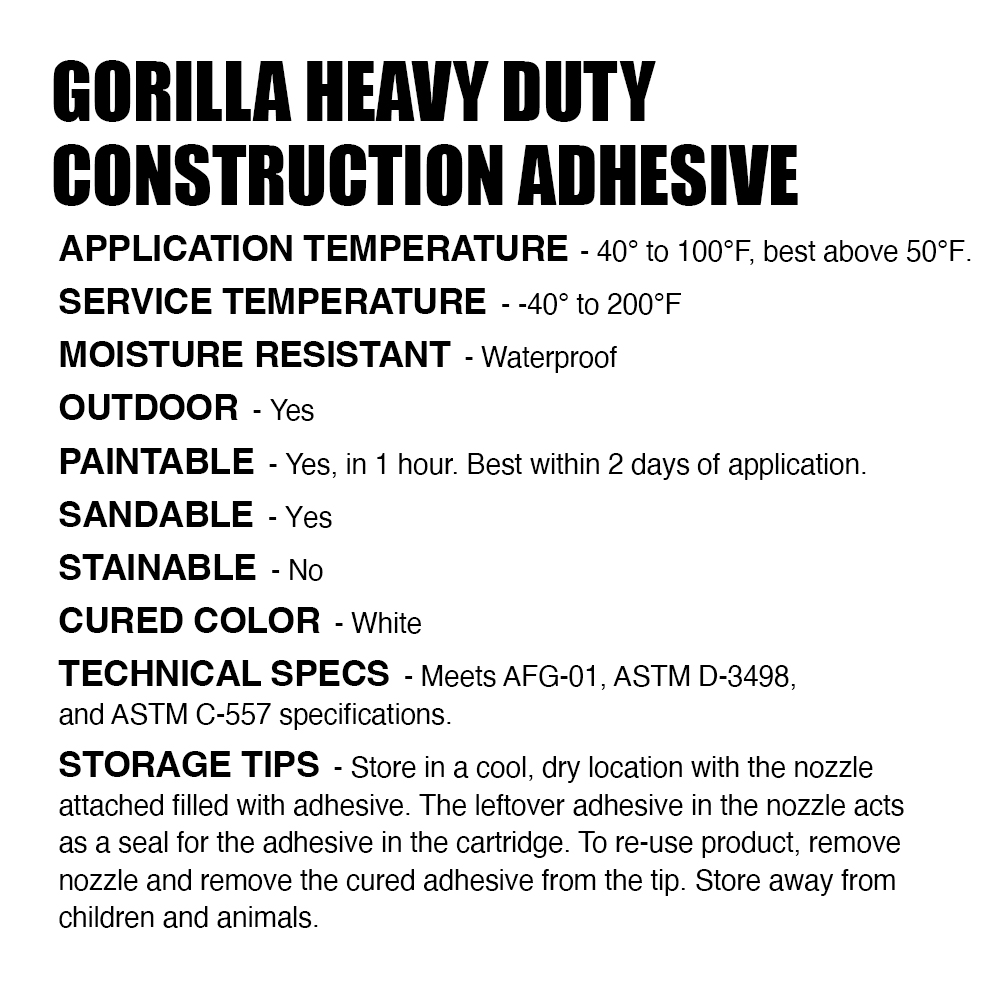 Gorilla Heavy Duty Regular/Ultimate Construction Adhesive, 9 oz/266ml White  Cartridge